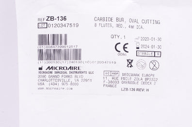 MicroAire ZB-136 Carbide Bur, Oval Cutting 8 Flutes, Med, Diameter 4mm